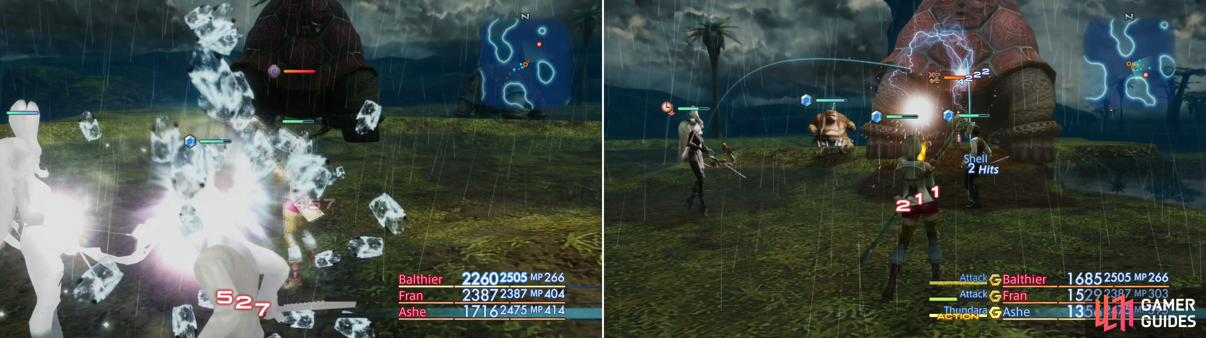 Gil Snapper will fight back with a variety of attacks, including Blizzara (left). It's also susceptible to a host of status effects, and is weak to Lightning (right).