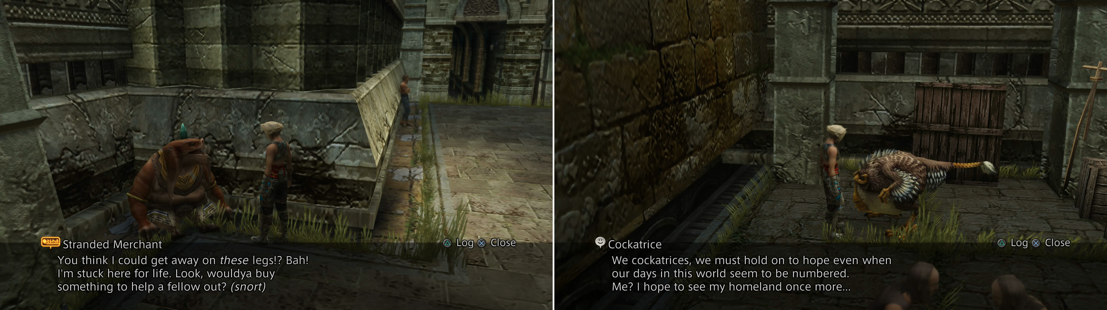 The Stranded Merchant in Old Archades doesn't sell much of interest, but he can give you access to the Bazaar (left). If you picked up the Feather of the Flock, you can talk to an old Cockatrice (right).