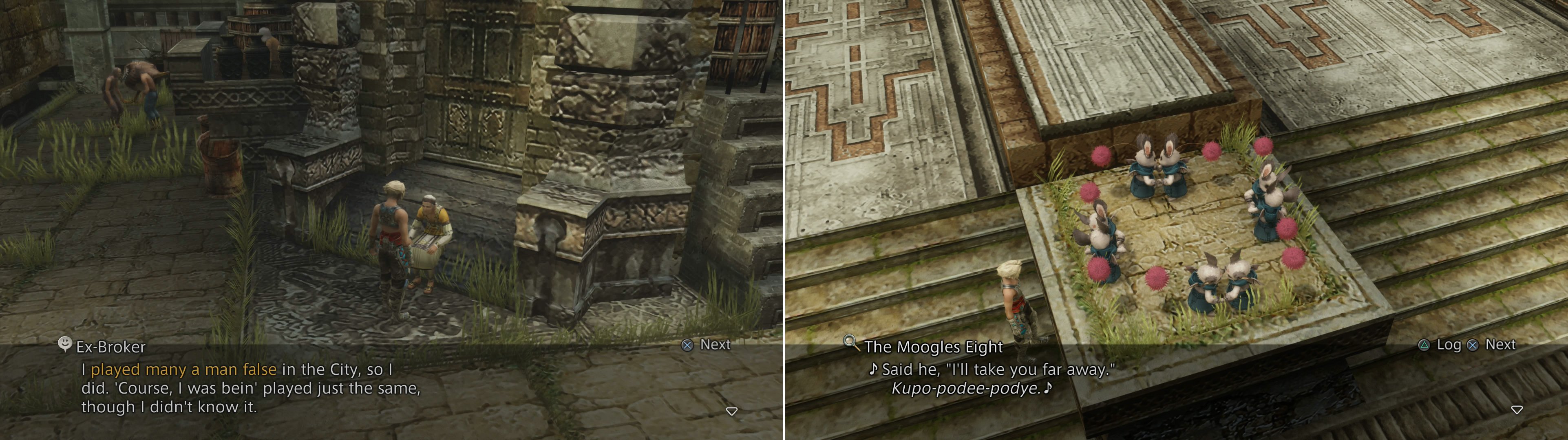 Various characters in Old Archades will reveal important information (left), which others, like these dancing Moogles, are apparent recipients of such information (right).
