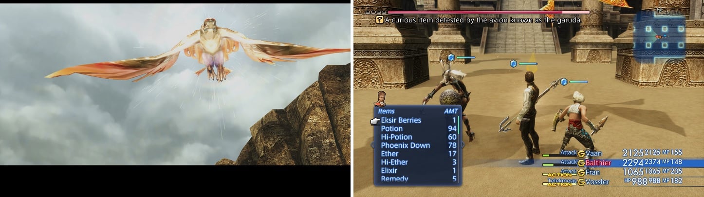 The Garuda will fly in to guard the entrance to the tomb (left). The Eksir Berries will debuff Garuda, getting rid of its Enrage (right).