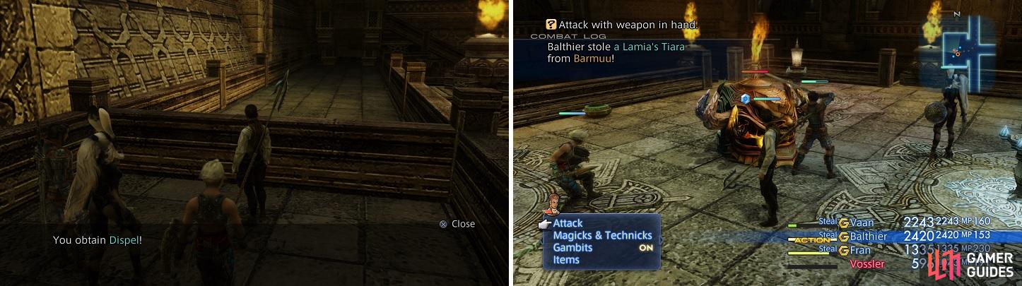 Dispel (left) is one of the more important magicks in the game. The Lamia's Tiara you can steal from Barmuu is a decent upgrade (right).