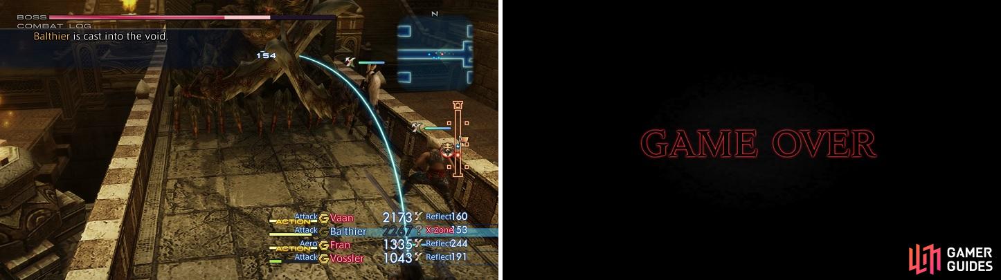 The Demon Wall can remove a party member with Telega, sending them to the X-Zone (left). If you don't kill it quick enough, it will smash you and cause a game over (right).