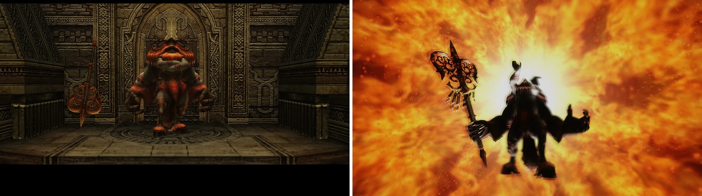 Belias is guarding the Dawn Shard (left). His ultimate skill, Firaja, can be dangerous (right).
