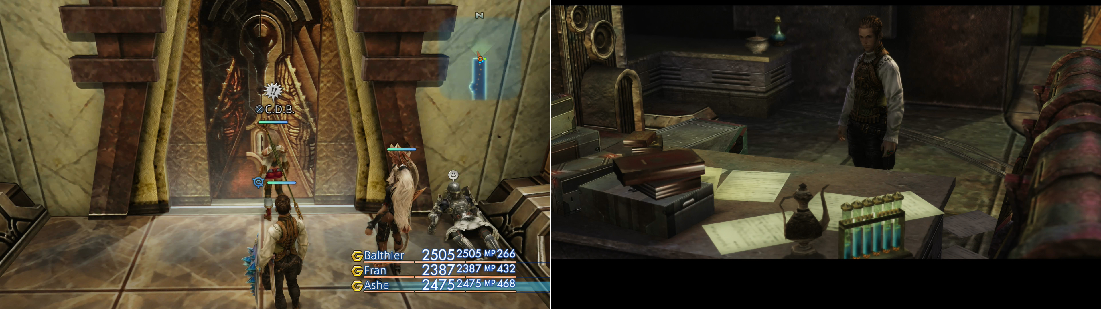 Locate the door to Doctor Cid's office (left) inside of which Balthier will find the Lab Access Card (right).
