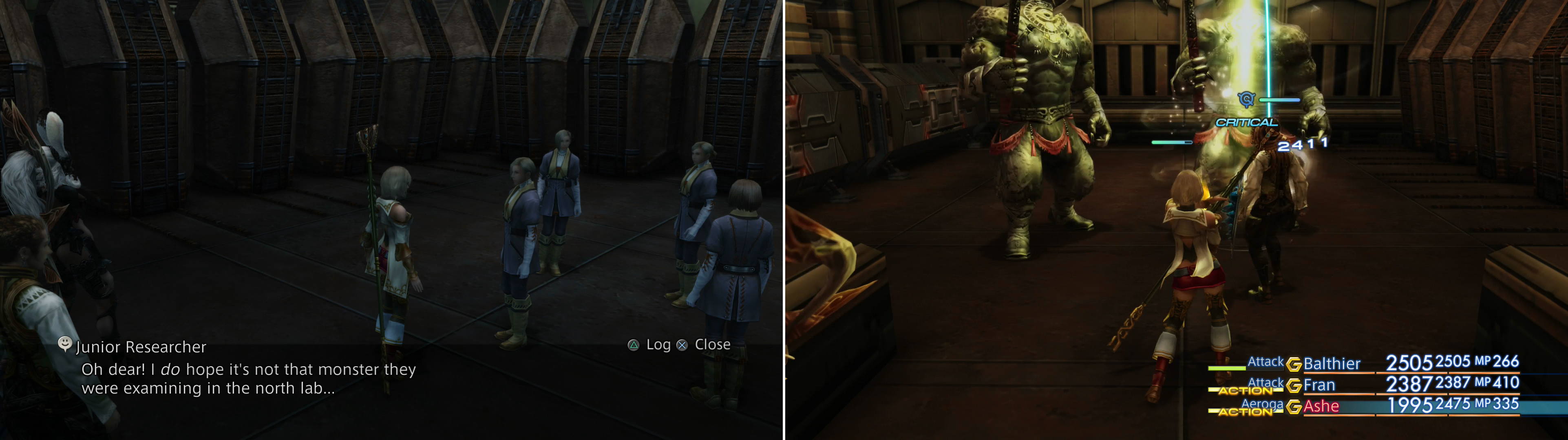 Talk to a Junior Researcher to learn about some monsters the Imperials were examining (left) which may refer to the Blood Gigas foes you find later on (right).