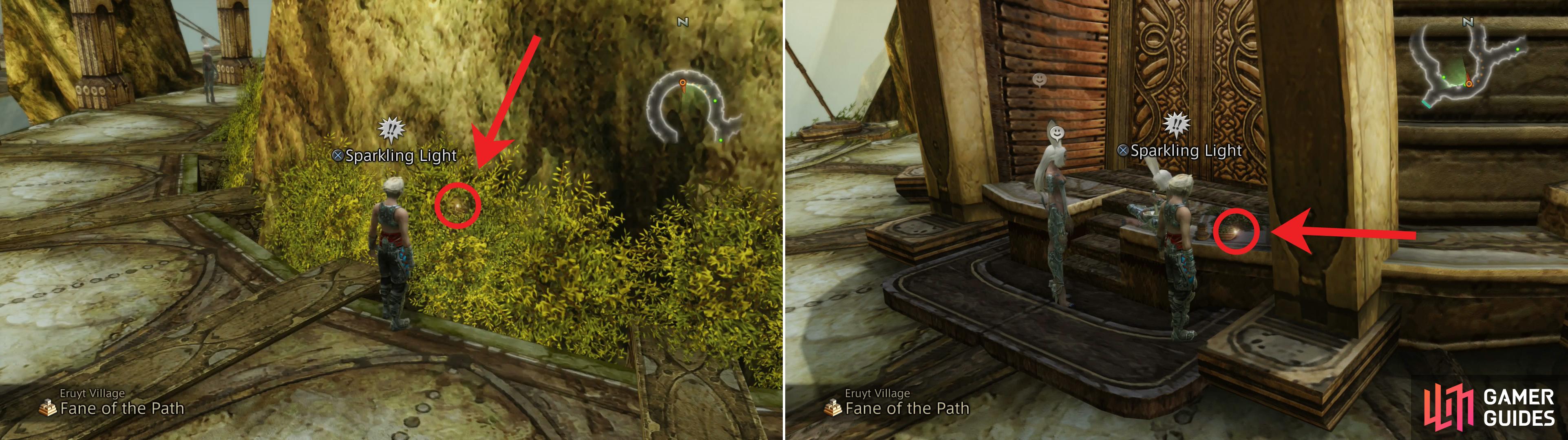 One Dewdrop pebble can be found in some moss (left) while another can be found near a Viera named Alja (right).