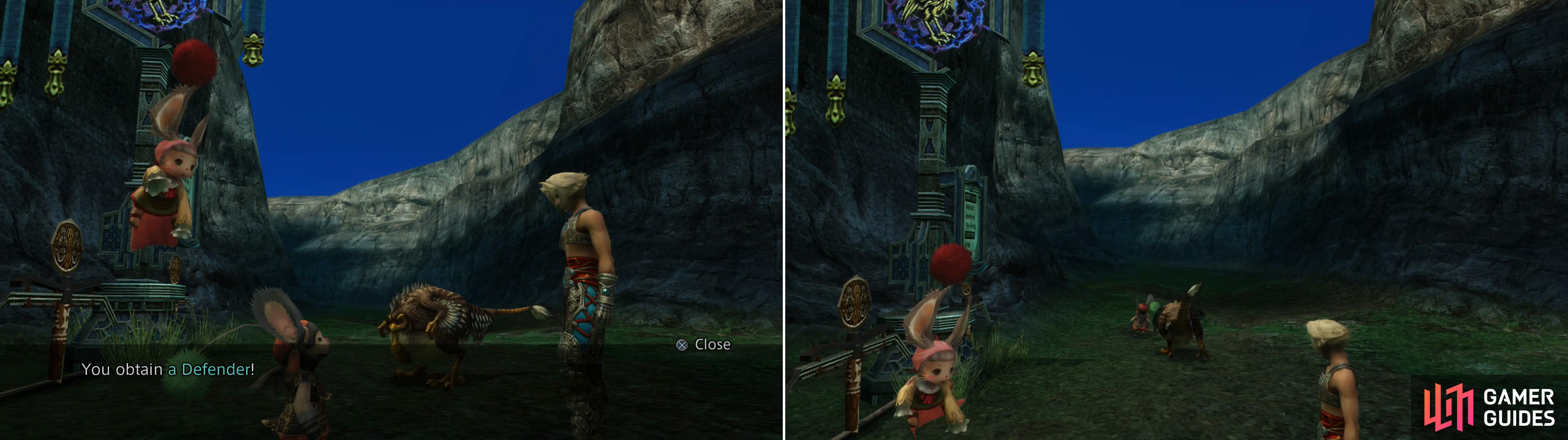 For helping the Moogle rent a Chocobo worthy of his funds you'll be rewarded with a Defender (left) after which the "Chocobo" will find that the gig isn't all it's cracked up to be (right).