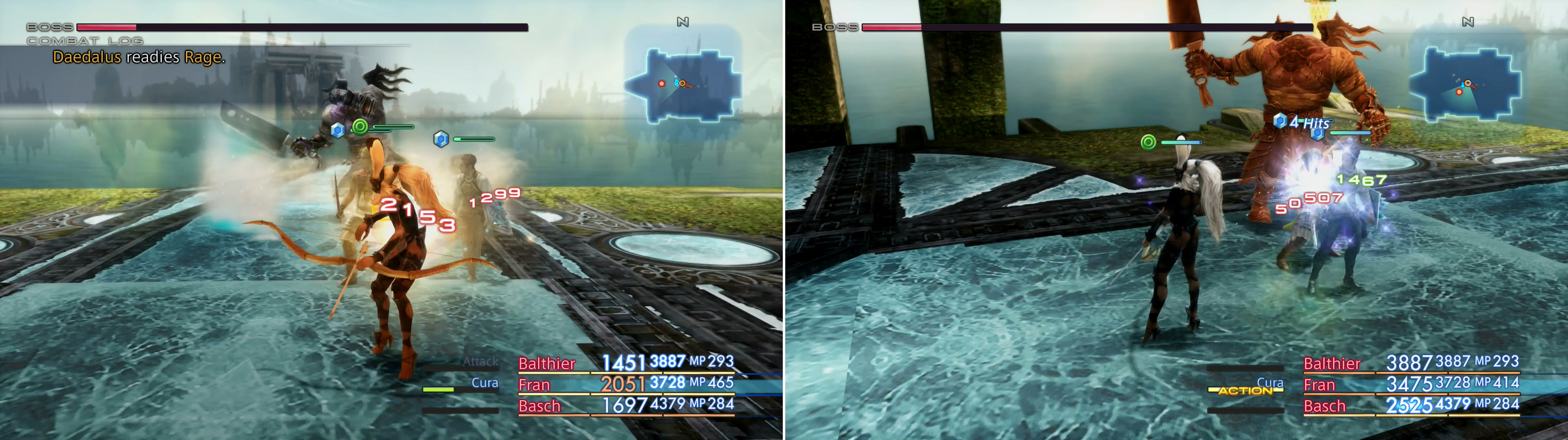 When low on HP Daedalus will start using more devastating attacks (left) and his combo rate will increase dramatically (right).