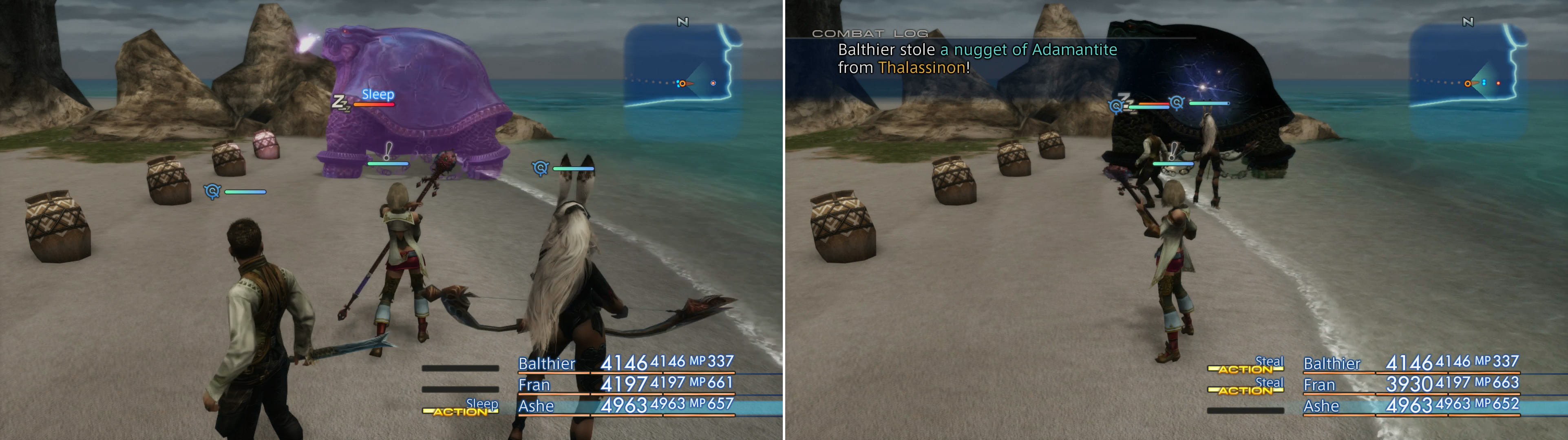Start the fight out by putting Thalassinon to sleep (left), after which you can steal Adamantite from it at your leisure (right).