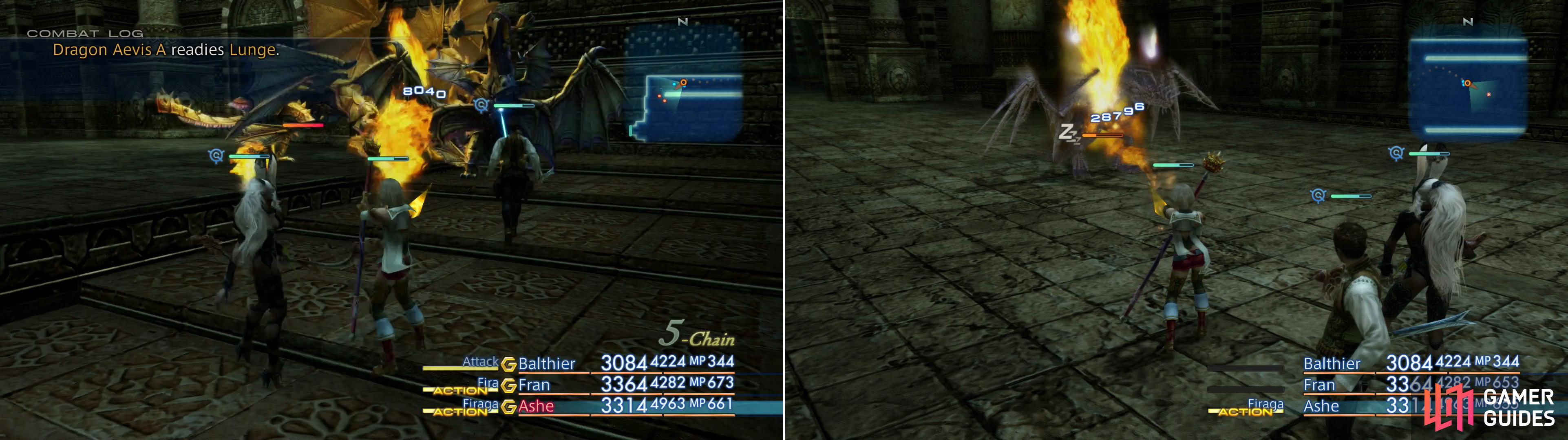 Kill the Dragon Aevis foes in the Ward of Velitation area (left) to draw out Myath, who can be defeated in much the same fashion (right).