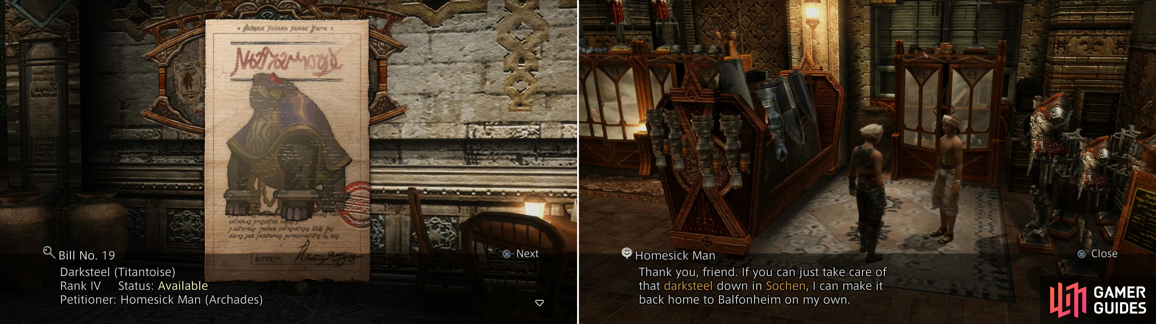 Pick up hte Darksteel hunt (left), then talk to the Homesick Man to learn the details (right).
