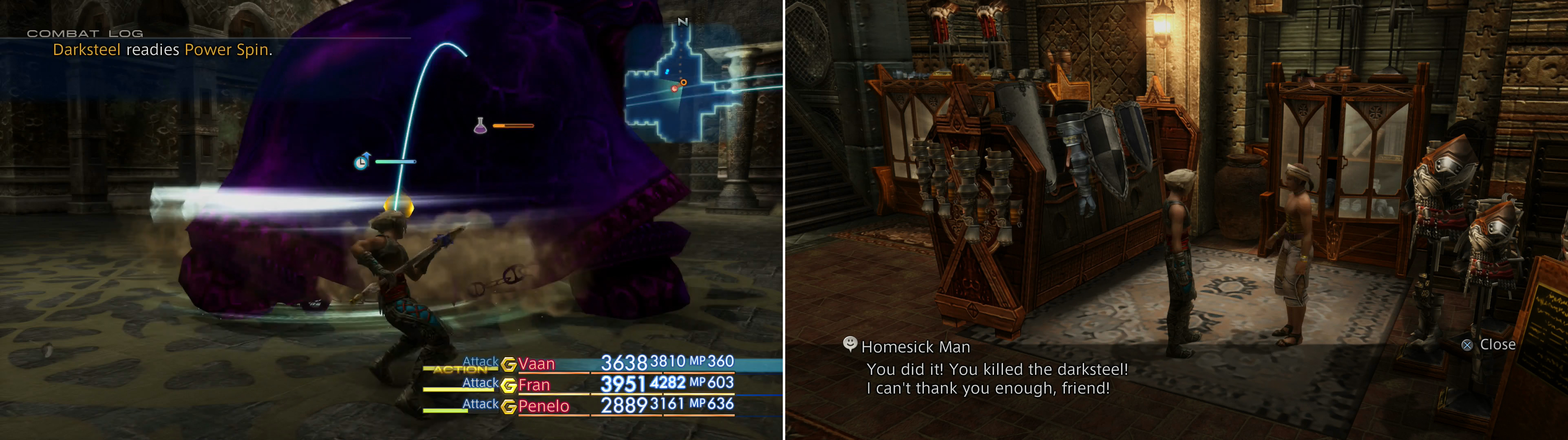 An Uhlan equipped with a Holy Lance can deal massive damage to Darksteel (left). Return to the petitioner after defeating the mark to recieve your reward (right).