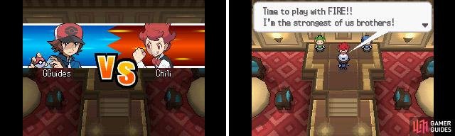 Each brother uses a different elemental pokemon depending on who your starter is.