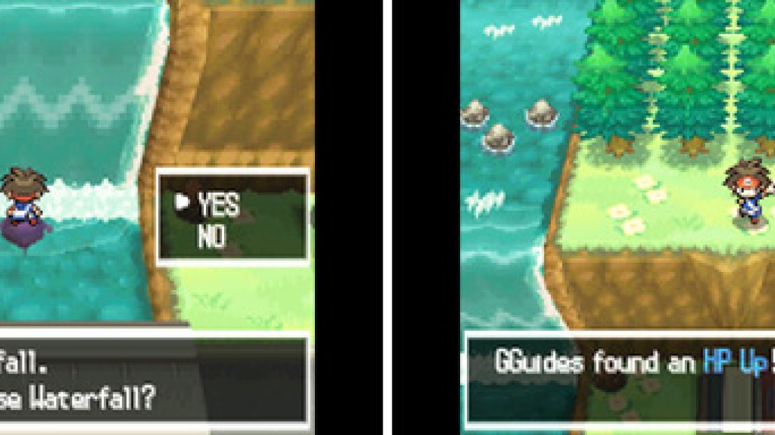 If you Surf to the land east of the top of the waterfall, you can find the HP Up (right) by using the Dowsing Machine.