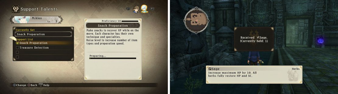Change Mikleo&rsquo;s Support Talent via the Menu and make sure to gather the herbs from the side of the area.