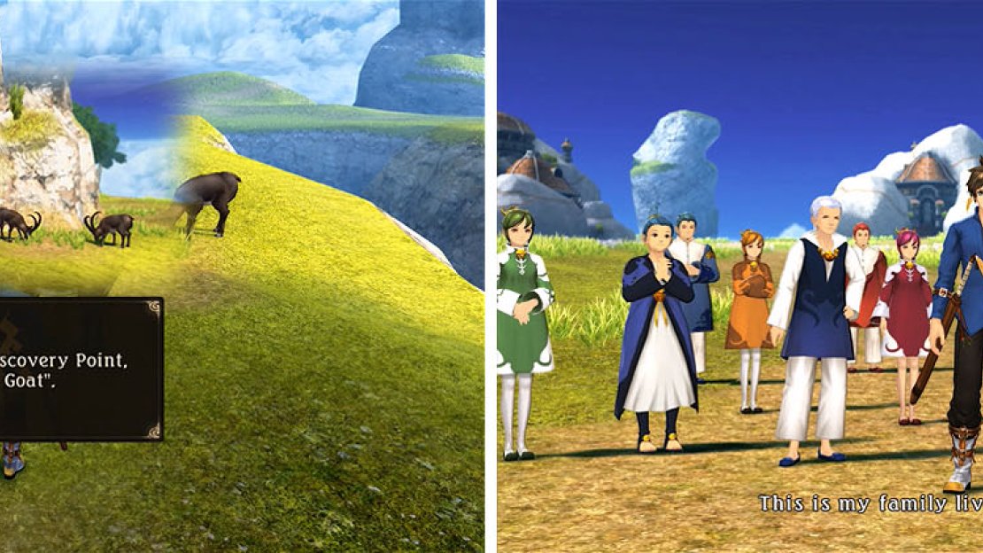 The goats near the ruins are can be examined for a discovery and skit (left) and head toward the village for a lengthy scene (right).