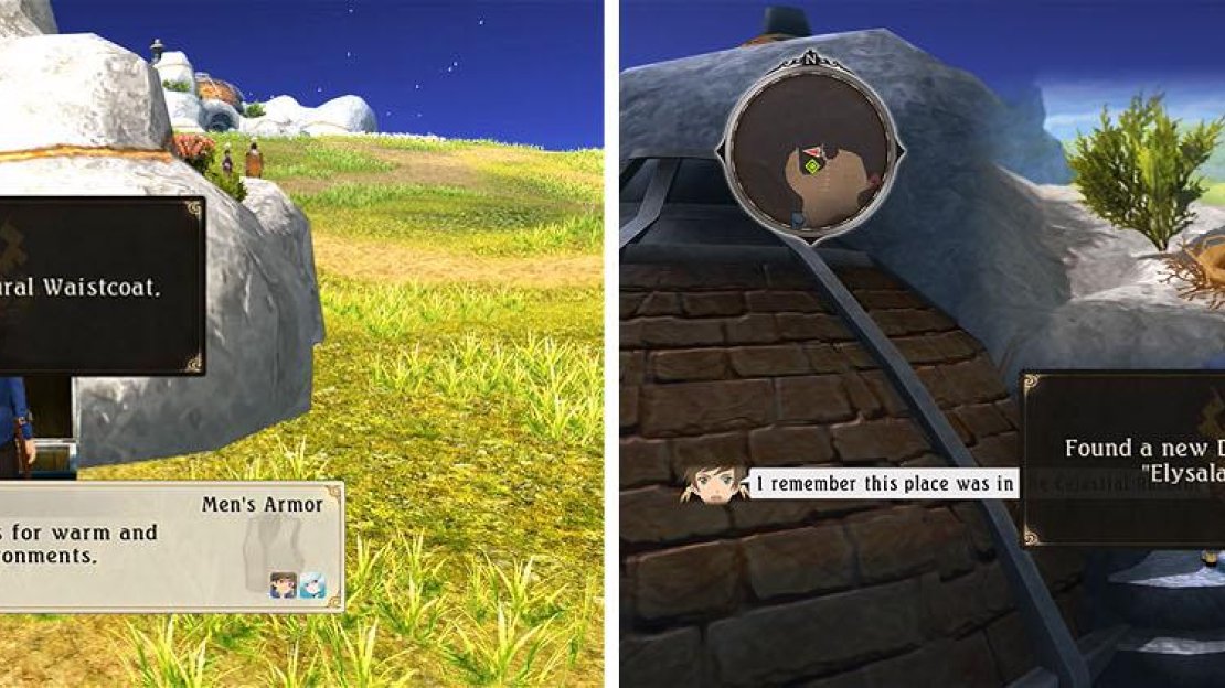 Equip the Natural Waistcoat near Sorey’s House (left) and make sure to check the Elysalark Nest discovery for a skit (right).