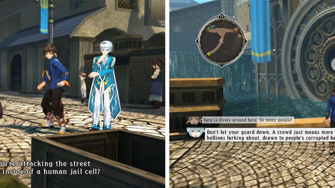 The man in the alley has a Hellion standing behind him, but there isn’t anything you can do (left). Make sure to also check the water wheel for a discovery and skit.