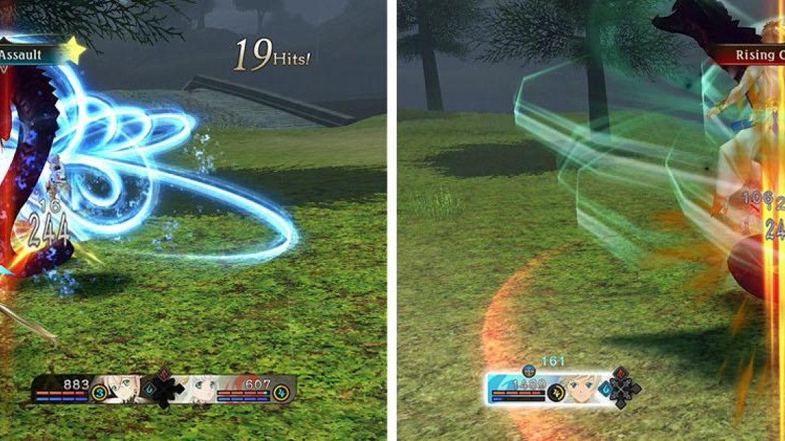 Armatize with Mikleo to stun the boss from a distance to avoid damage (left) and backstep to avoid the Rising Soil Attack (right).