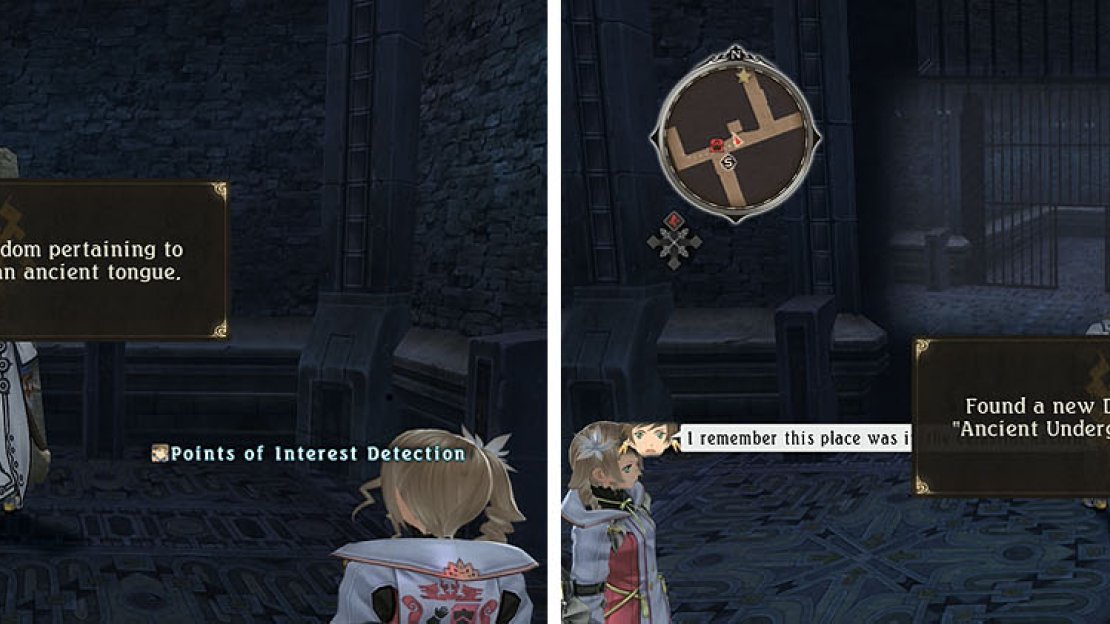 Examine the Monolith at the dead end to the east (left) and the cell near the Dark Turtlez for a discovery and skit (right).