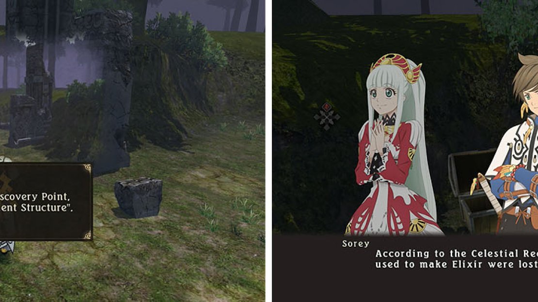 To the south of the discovery is a chest with an Elixir (left), which will automatically trigger a skit (right).
