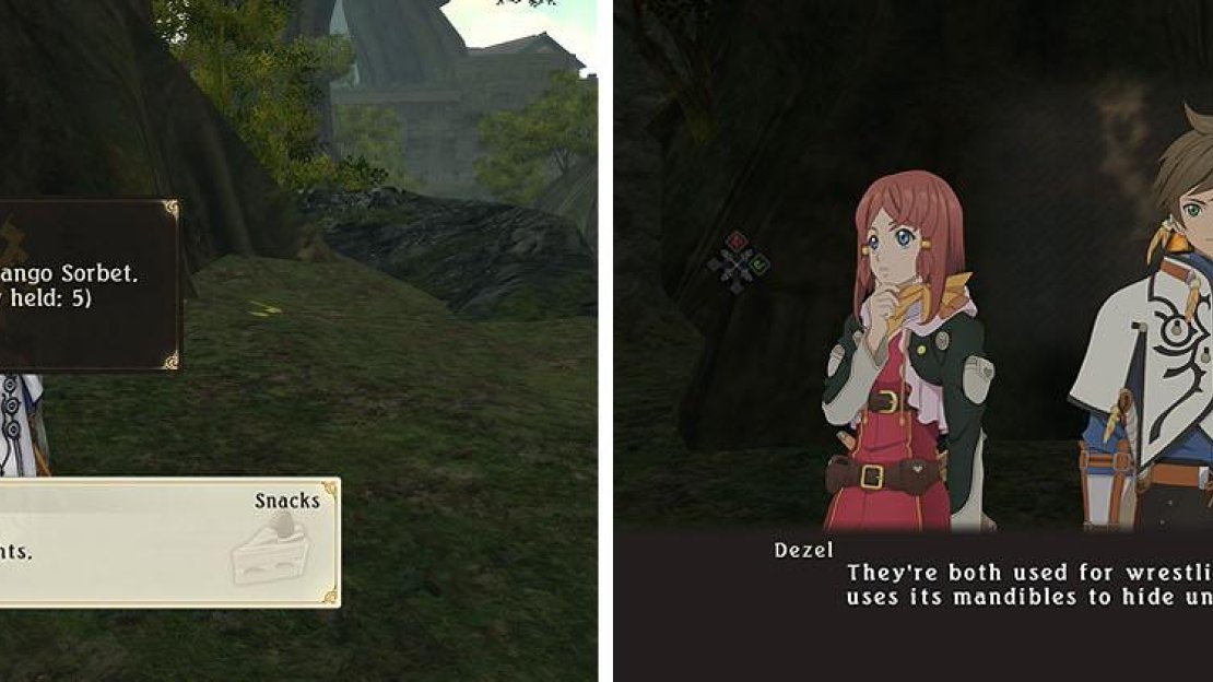 Grab the sweets to the south of the stump (left) and make your way around to the beetle on the tree to the southwest (right).