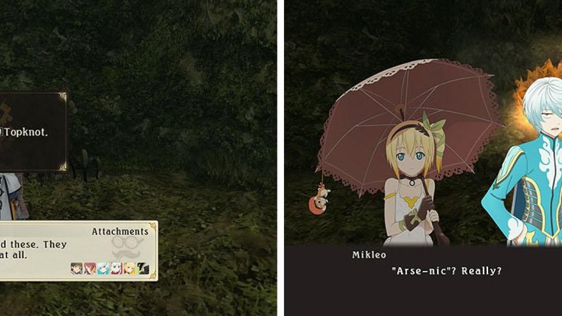 Collect the multiple items in the dead end for a fashion item (left). Not far after you’ll reach the Orpiment discovery for a skit (right).