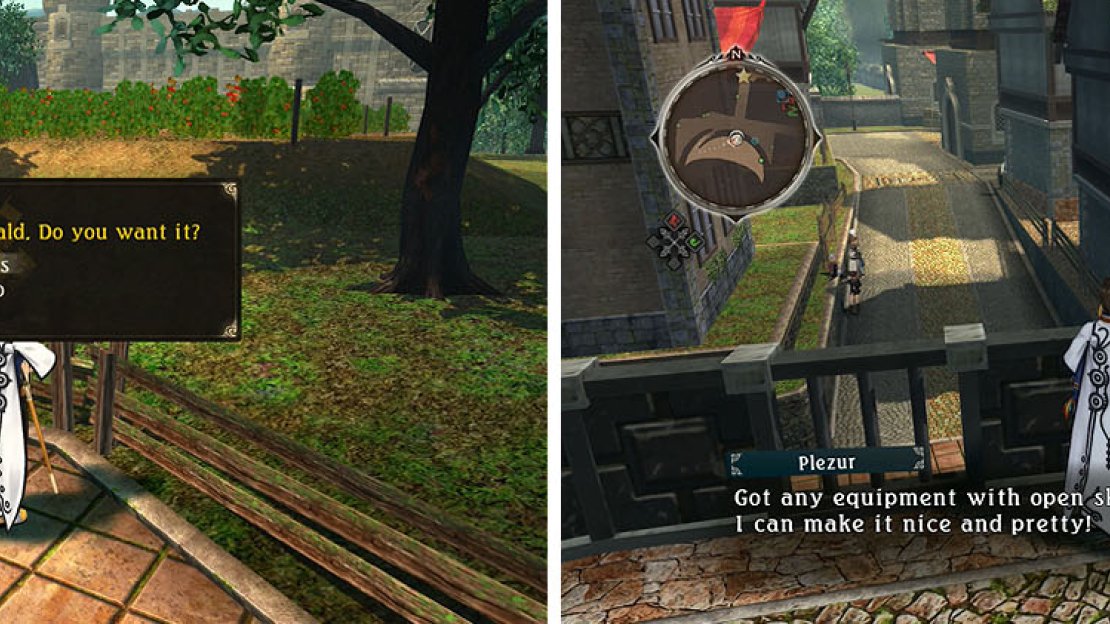 Make sure to purchase the next Adventure Map from the Turtlez (left) and recruit the Normin on the terrace (right).