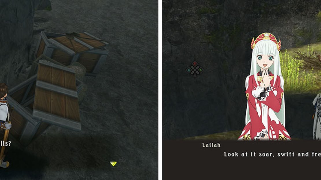 Don’t miss the Normin Wundor hiding in the crates (left). Behind the chest on the cliff you can discover a grifkyte for a skit (right).