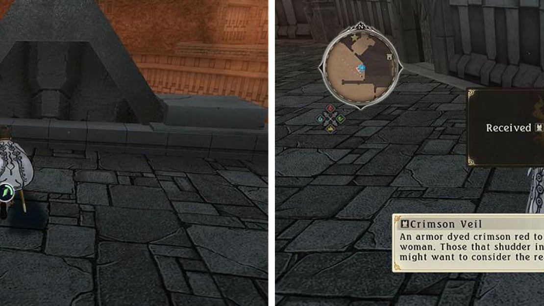 Recruit the Normin Shokk on the balcony (left). Open both chests by the torches for a Crimson Veil (right).
