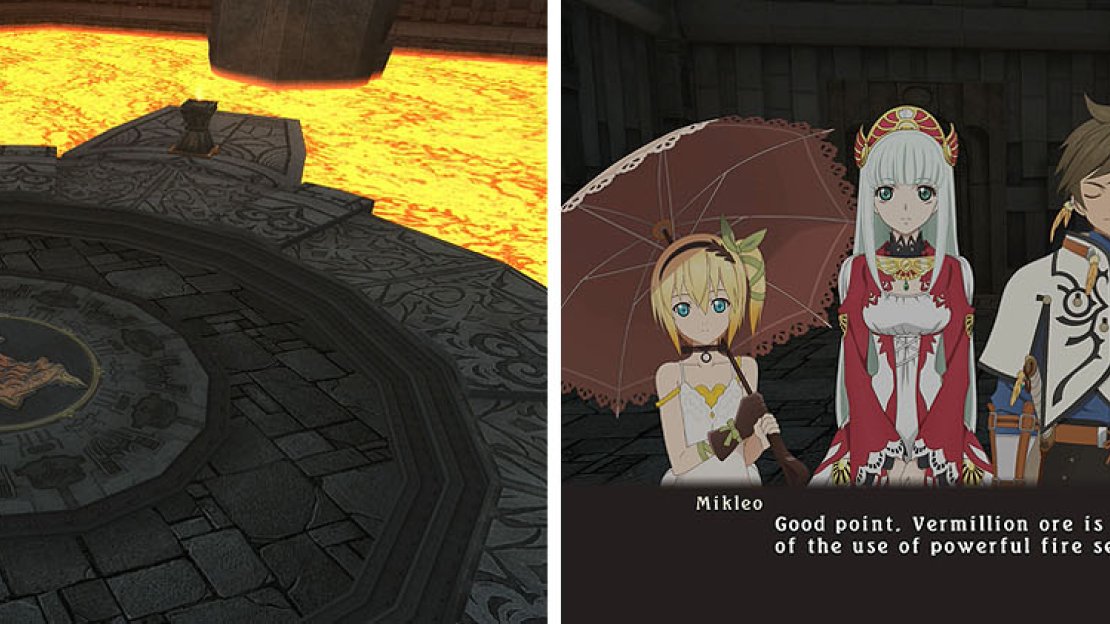 Activate the elevator via the torches (left) and watch the skit at the save (right).