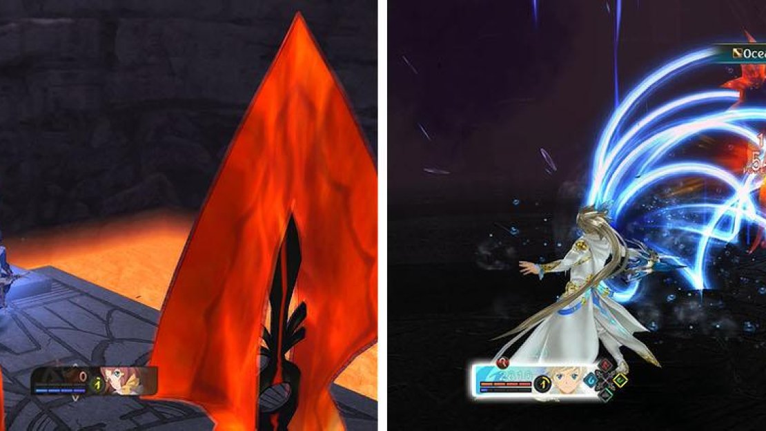 Free Run around the arena to activate the four tablets (left). You can then focus on attacking the boss with the water armatization (right).