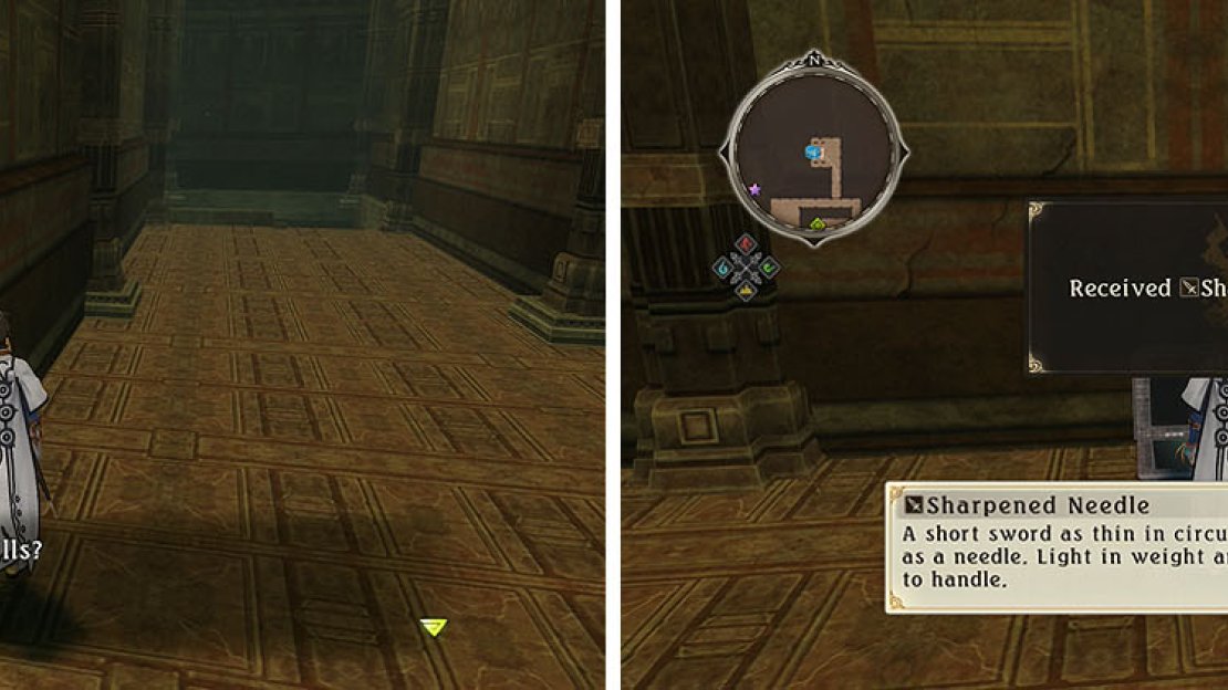 Recruit the Normin Mirag on the way downstairs (left) and then Wind Rush through the bars to the north for two chests (right).