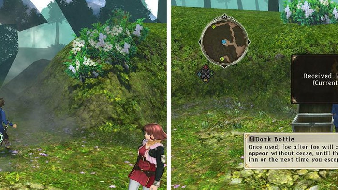 Break through the boulder along the west path (left) to collect two chests (right).