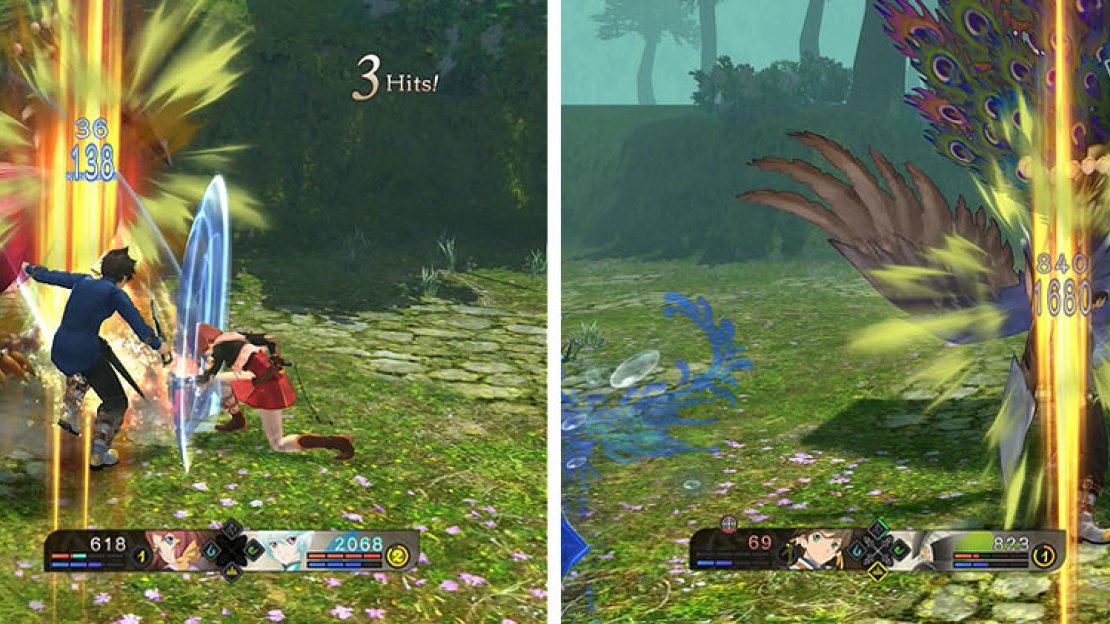 Use Sorey’s martial artes on the Peacock (left), but be careful of its fast and dangerous attacks (right).