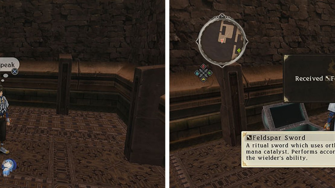 Check the dead end for a Normin and two chests, one with the Feldspar Sword.
