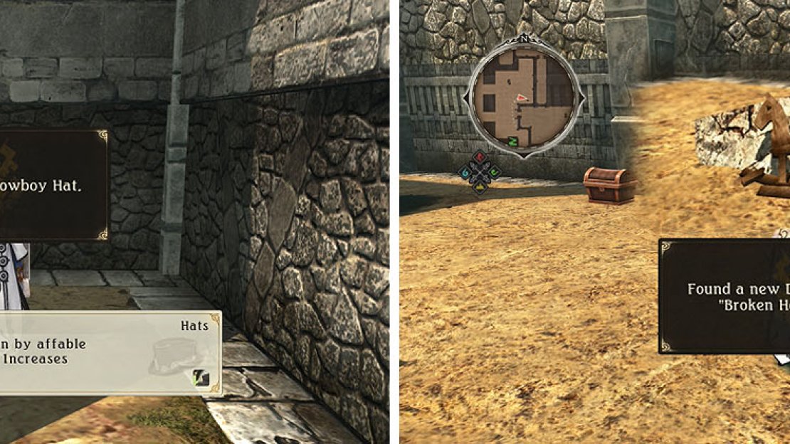 Don’t miss the Cowoy Hat in the southeast corner of the courtyard (left) and the discovery to the north of the door (right).