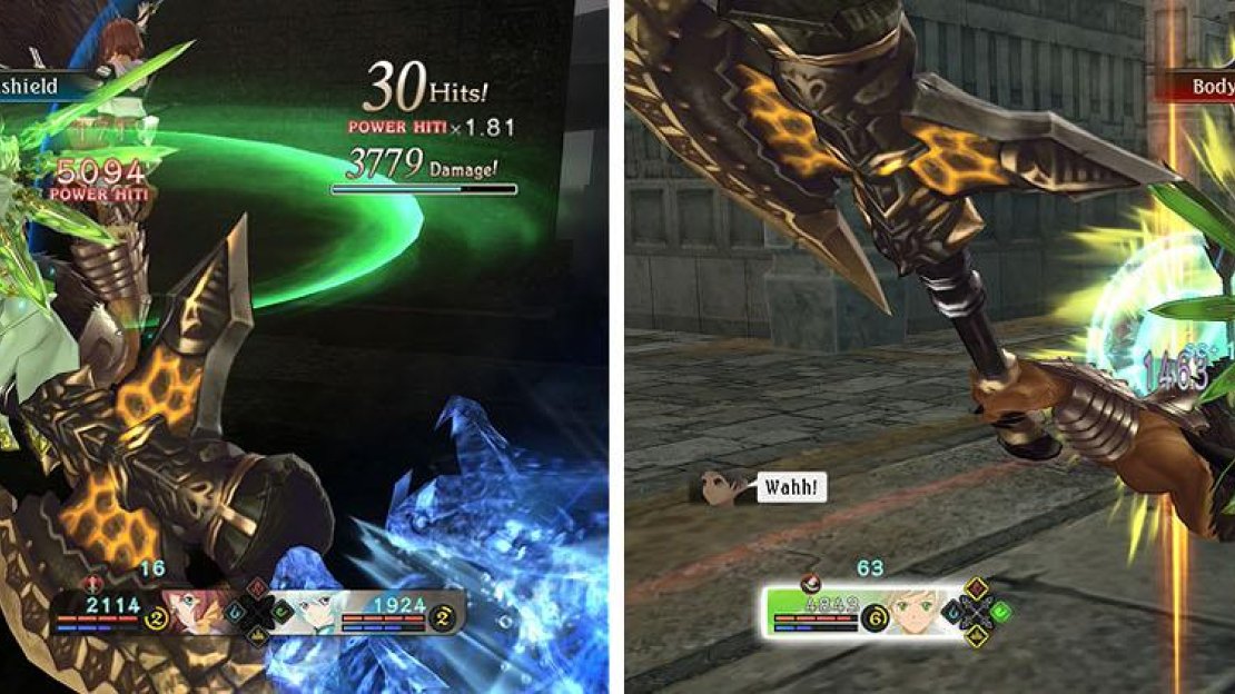 Armatize with Dezel to exploit the boss’ weakness (left) while avoiding his attacks, including Body Press (right).