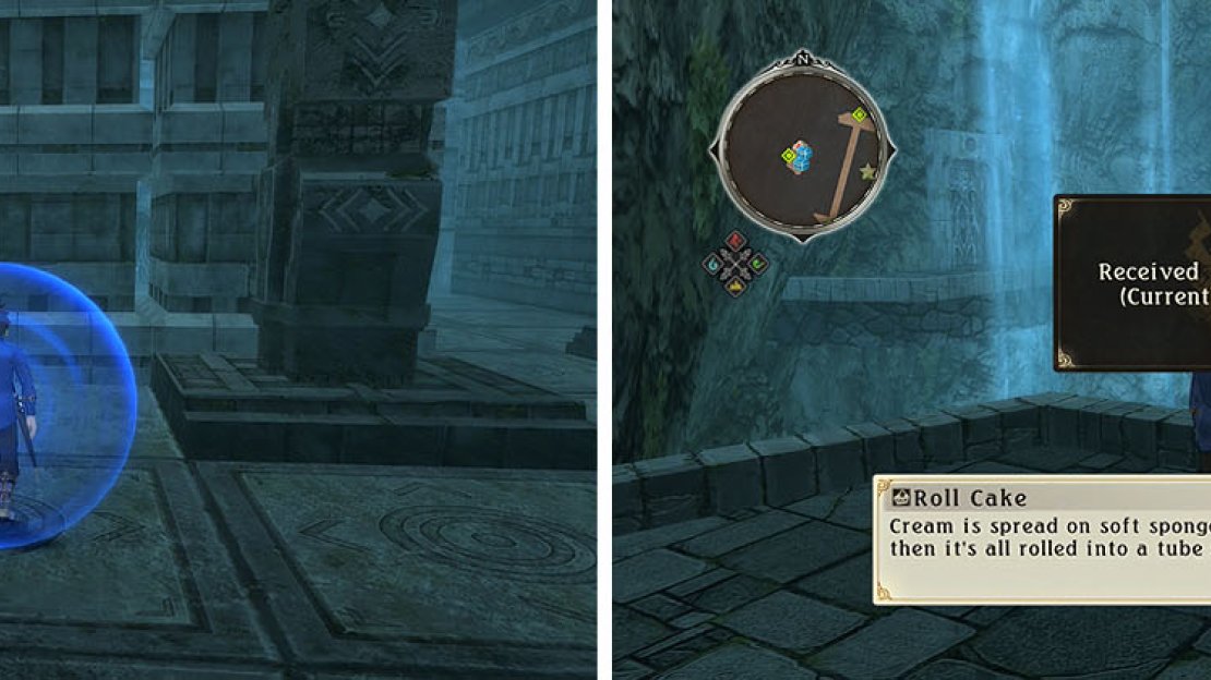 Look for the blank tile to the left of the statue (left) to reach the room with multiple treasures (right).