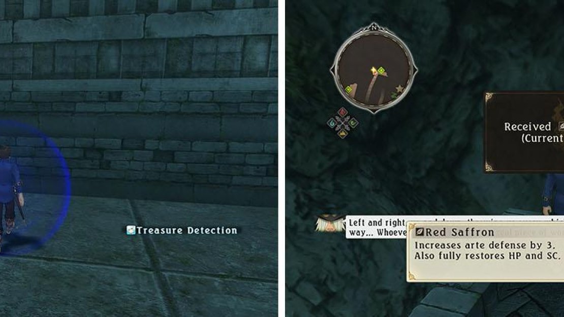 You’ll need to circle around the south side of the statue to reach the Feldspar Staff (left). Exit to the north and head down the ramp for an herb (right).