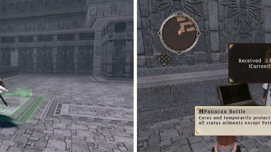 Take the glowing floor tile to reach the next level to find a Panacea Bottle.