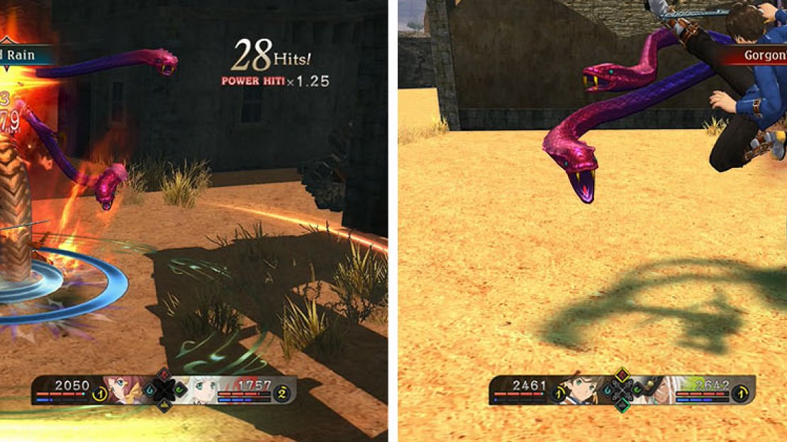 Use Sorey’s artes to exploit Stheno’s category weakness (left), but be careful of Gorgon’s Gaze when she reaches low health (right).