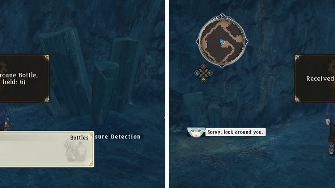 Grab the Arcane Bottle before heading to the second map (left) follow the path west to a chest with 8500 gald (right).