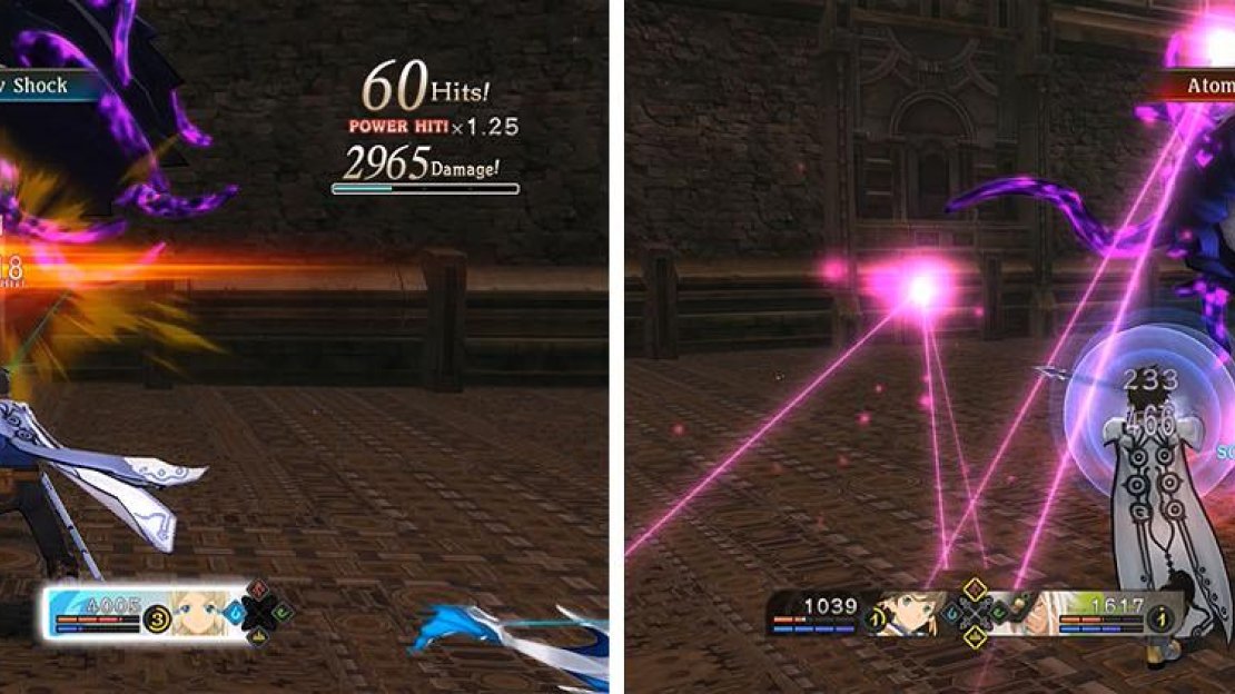Exploit the bosses weakness with artes like Shadow Shock (left), but be wary of attacking him directly and being hit with Atomic Ray (right).