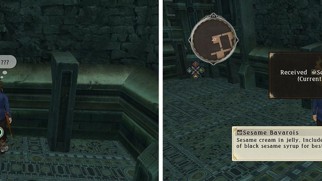 Remove the wall with Silver Flame to find a chest with the Sesame Bavarois.