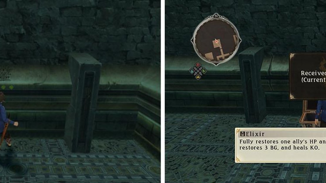 Remove the wall with Giant’s Strength to reach a chest with an Elixir.