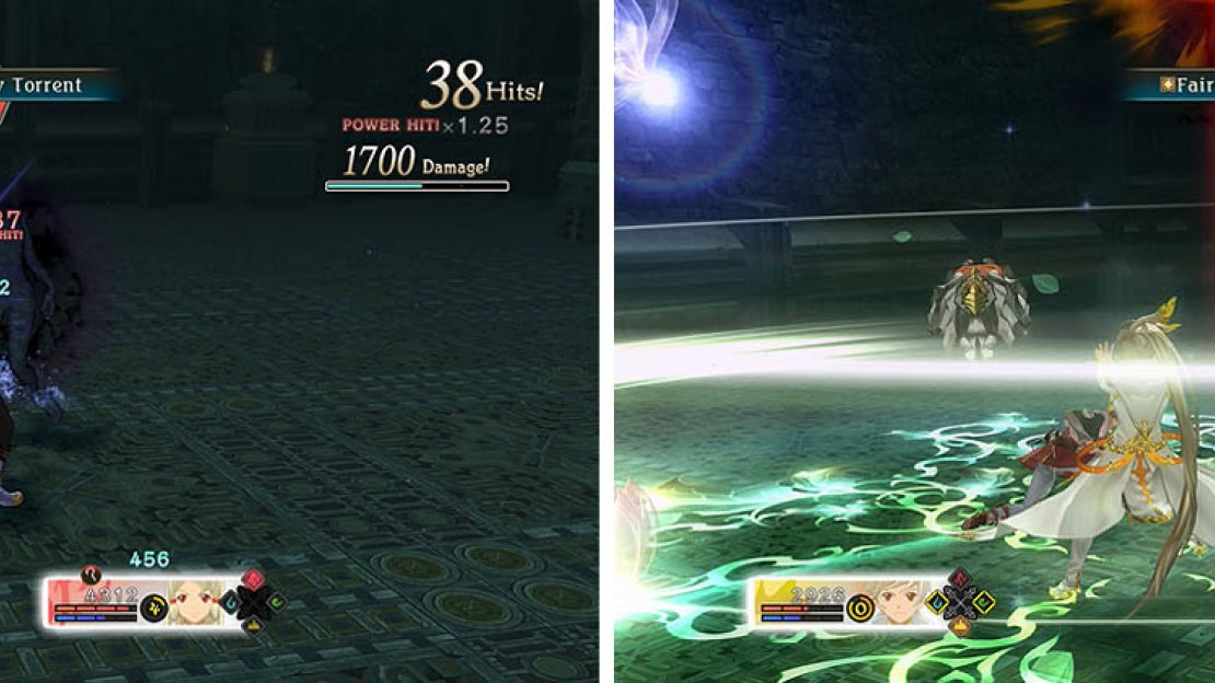 Focus on attacking the Naught’s weakness (left) and back up to heal with the Blast Gauge if needed (right).