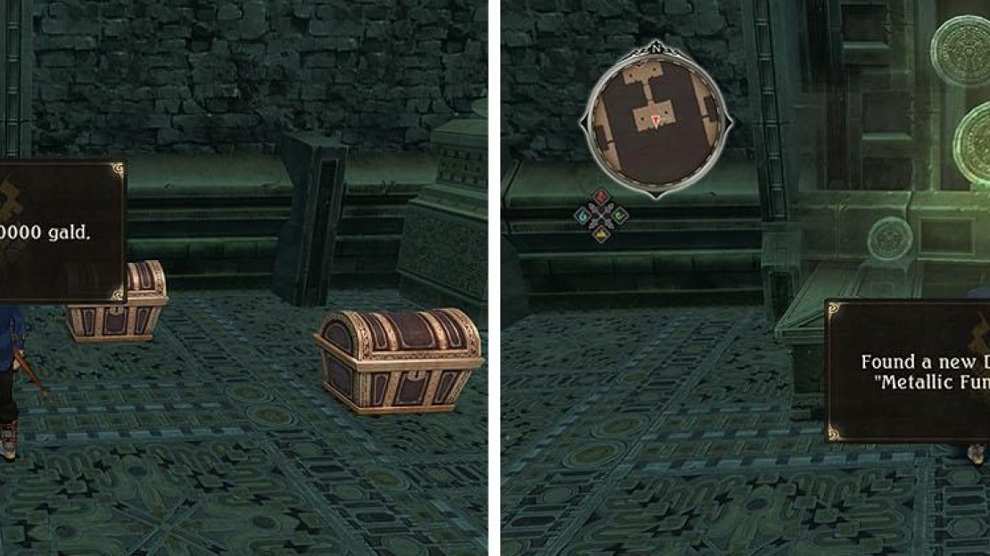 With the Gold Key you can now collect all the gold chests to the south of the save (left). Don’t miss the discovery and skit as well (right).