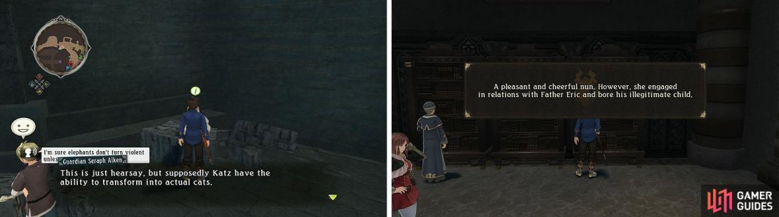 You can speak to the Lords of the Land to learn mor about Katz Korner (left). In Pendrago&rsquo;s Shrinechurch you&rsquo;ll find more info on the Forton Sisters (right).