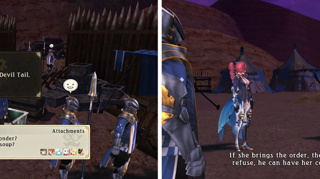 Enter the Hyland camp to collect the silver chest you couldn’t open previously (left) and then speak with Maltran for a scene (right).